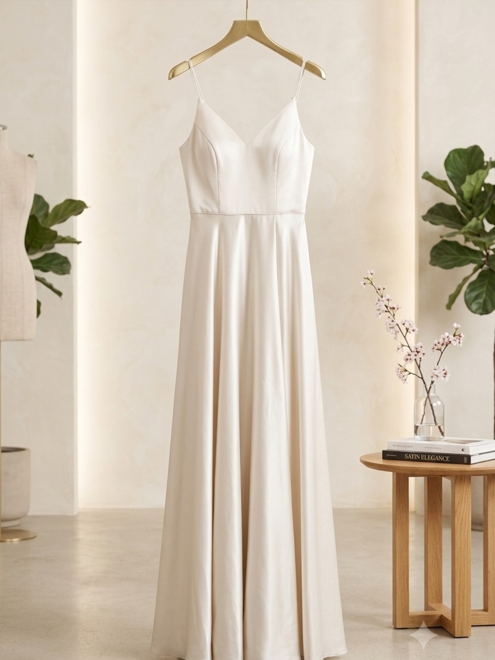 Sequin Hearts Satin Spaghetti-Strap Maxi Dress in Champagne Cream